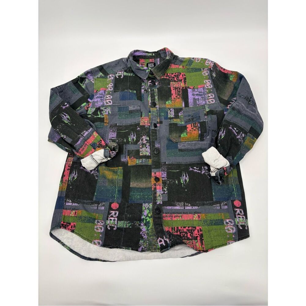 BDG Black Button-Up Shirt with Green, Purple & Pink Graphic Print